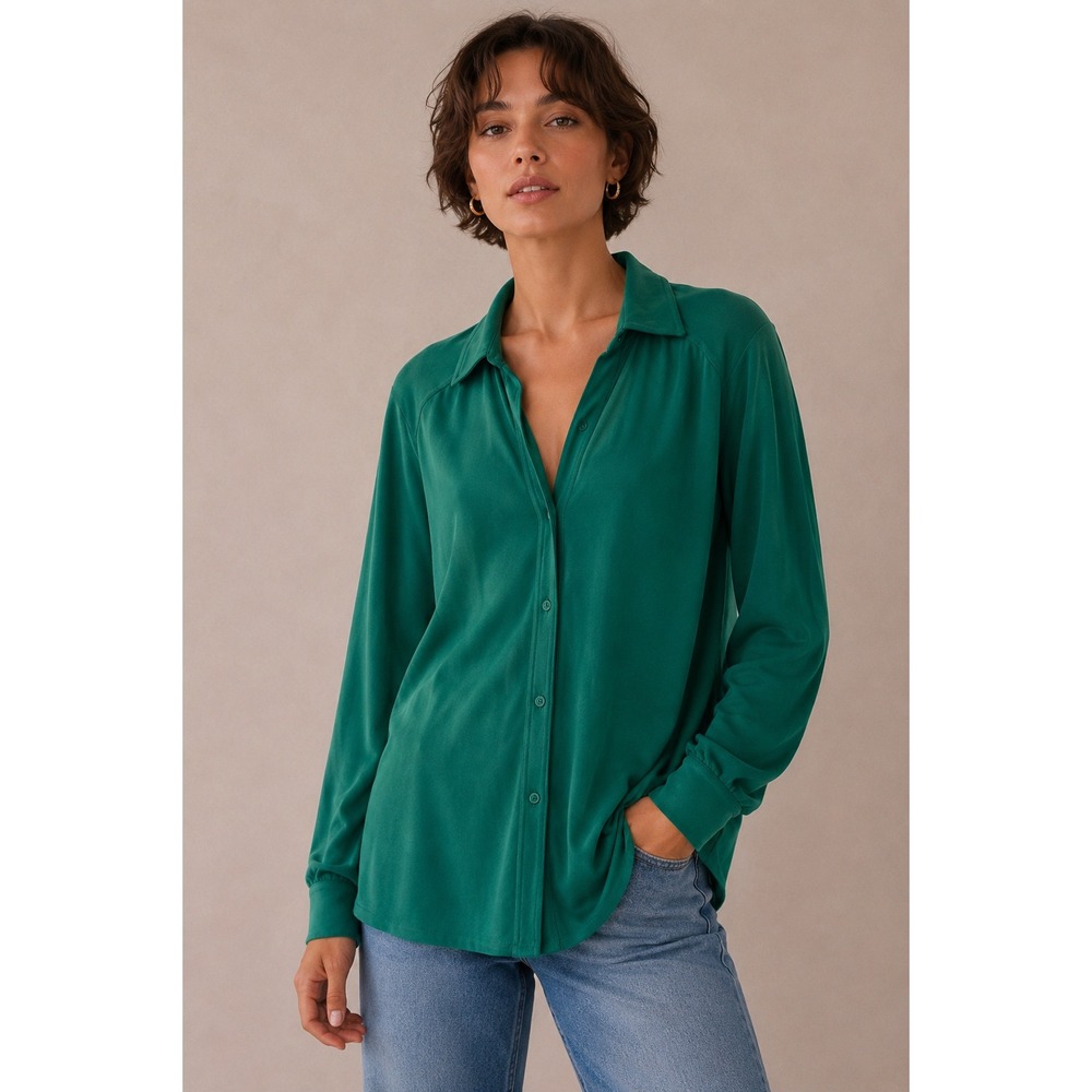 Adrianna Papell Womens Emerald Green Button Down Long Sleeve Blouse Top